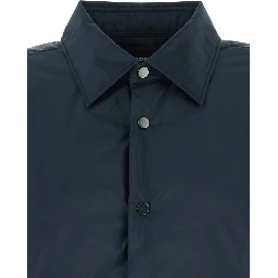 Blue Jacket with Classic Collar and Button Closure on the Front in Tech Fabric for Men
