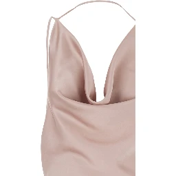 Long Dress Vera with Draped Neckline and Front Vent in Pink Fabric for Women