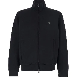High Neck Sweatshirt with Logo Embroidery on the Front and Zip Closure on the Front in Black Cotton Blend for Men