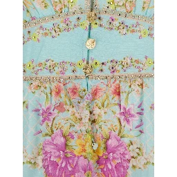 Multicolor Dress with Long Balloon Sleeves and All-Over Floral Print in Linen Blend for Women