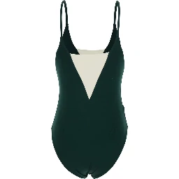 Entrevue Green One-Piece Swimsuit with Contrast Details and Thin Straps in Tech Fabric for Women