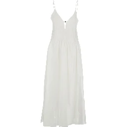 Long Sleeveless Dress with V-Neck and Logo Plate on the Neck in Linen and Silk Blend White Women