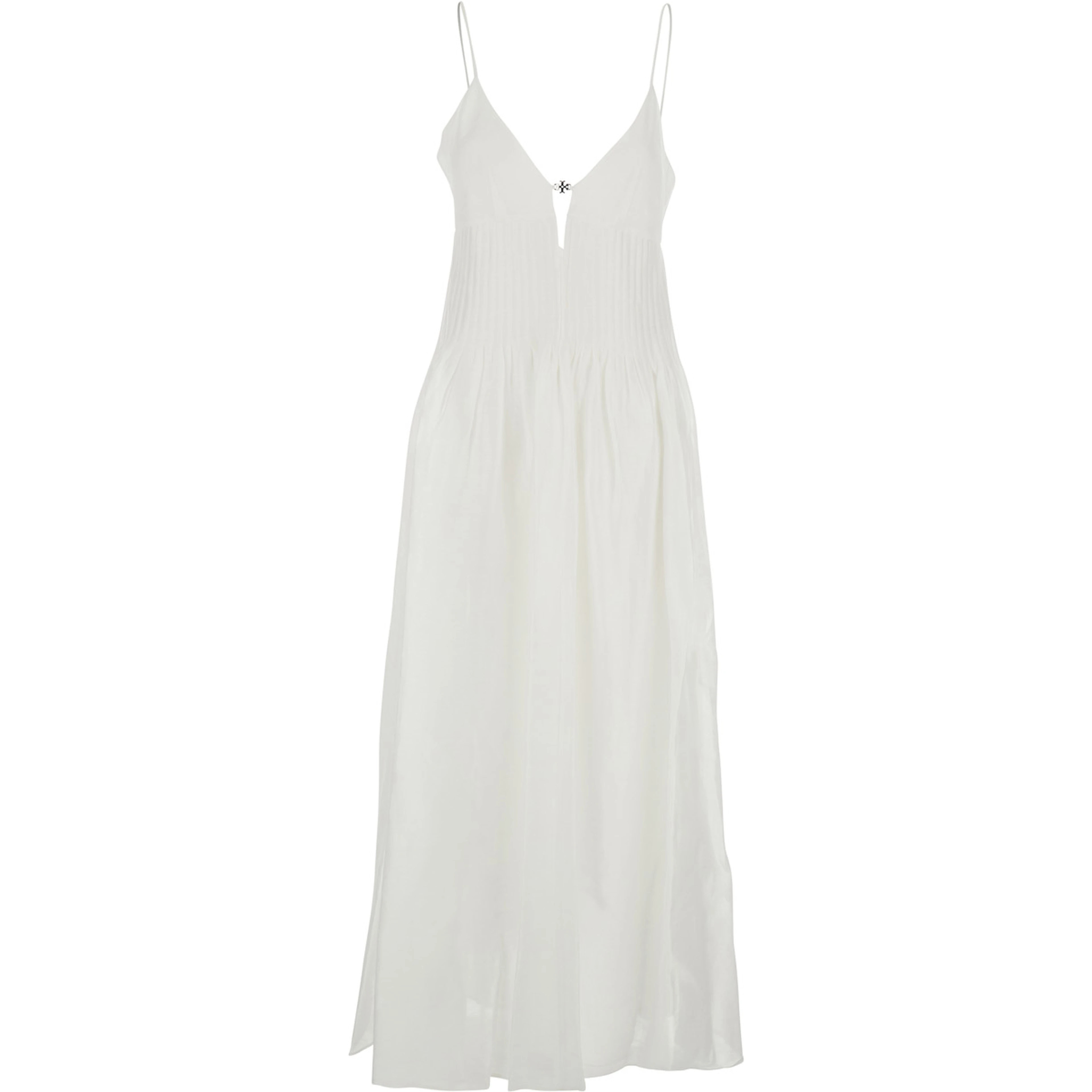 Long Sleeveless Dress with V-Neck and Logo Plate on the Neck in Linen and Silk Blend White Women
