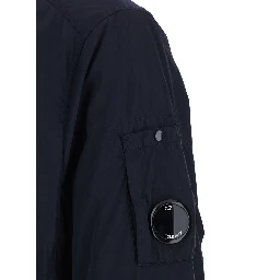Blue Jacket with Classic Collar and Logo Plate on Sleeve in Tech Fabric Man