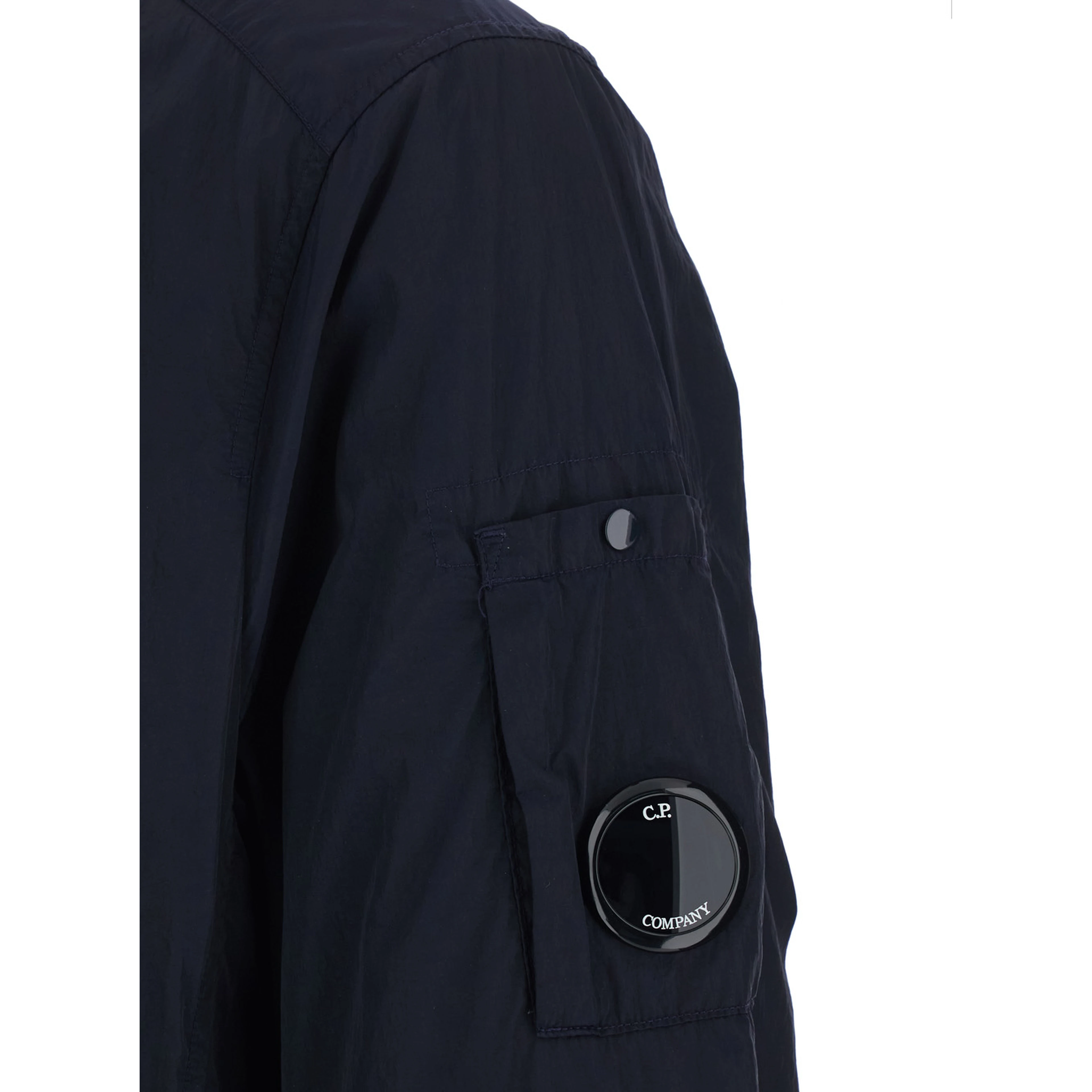 Blue Jacket with Classic Collar and Logo Plate on Sleeve in Tech Fabric Man