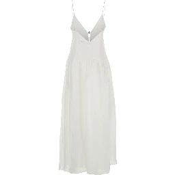 Long Sleeveless Dress with V-Neck and Logo Plate on the Neck in Linen and Silk Blend White Women
