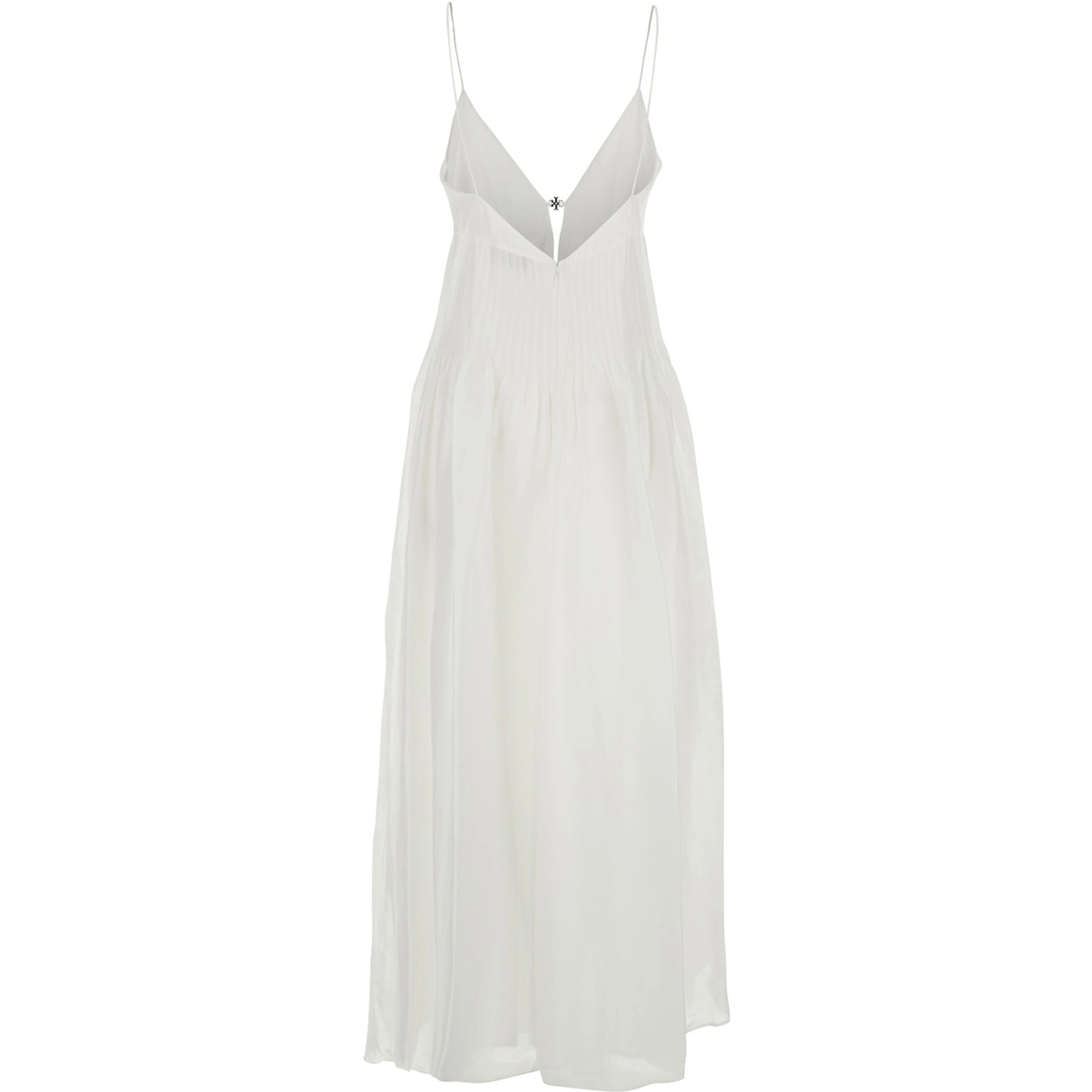 Long Sleeveless Dress with V-Neck and Logo Plate on the Neck in Linen and Silk Blend White Women