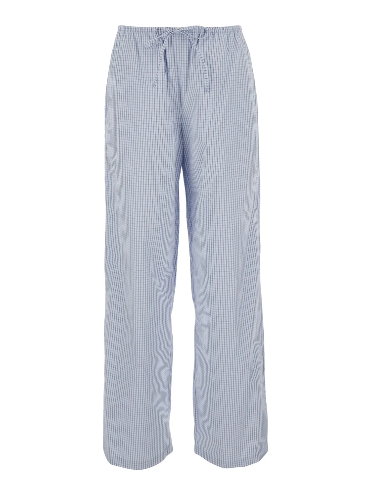 Light blue Pants with elastic waistband and drawstring and all-over check motif in cotton blend for women