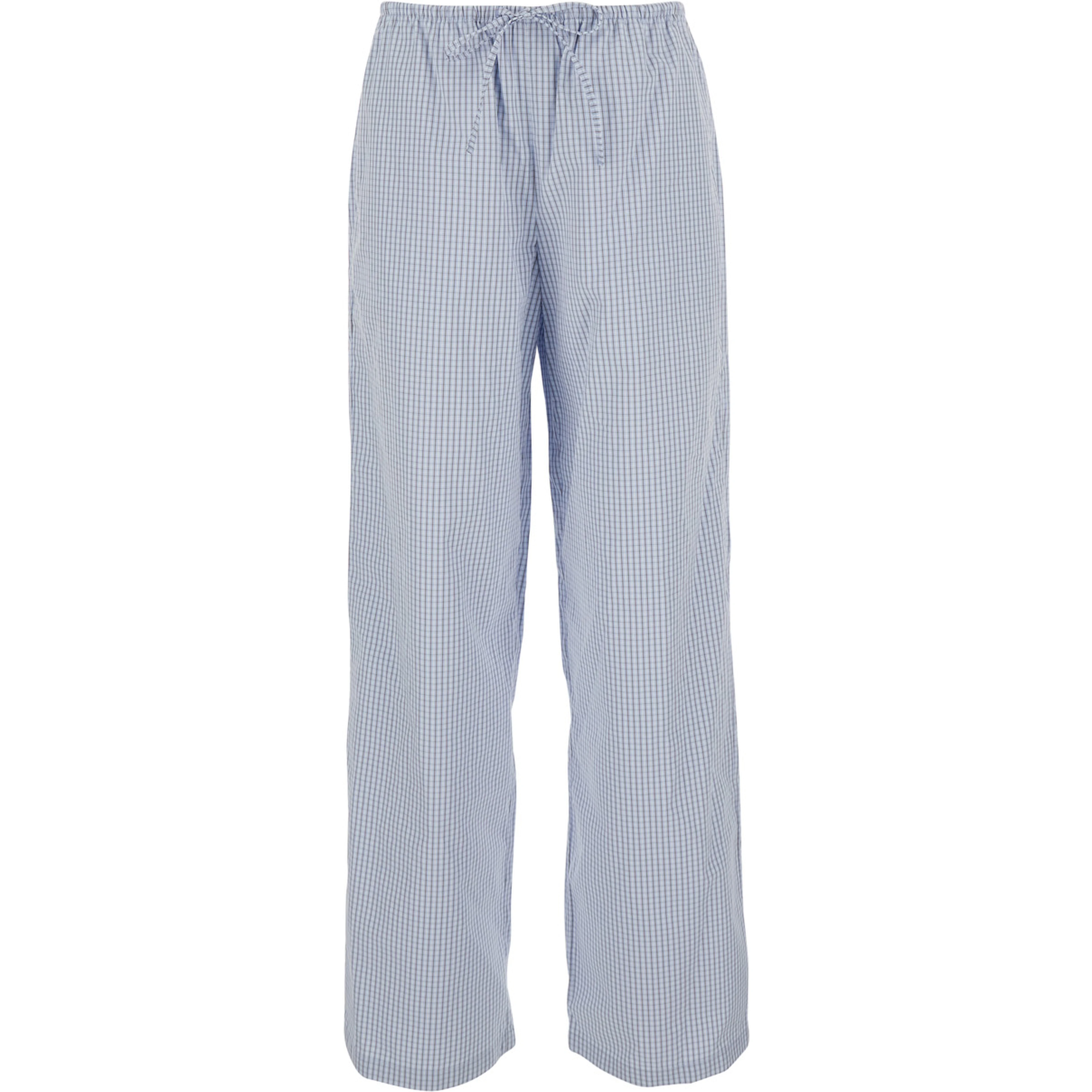 Light blue Pants with elastic waistband and drawstring and all-over check motif in cotton blend for women