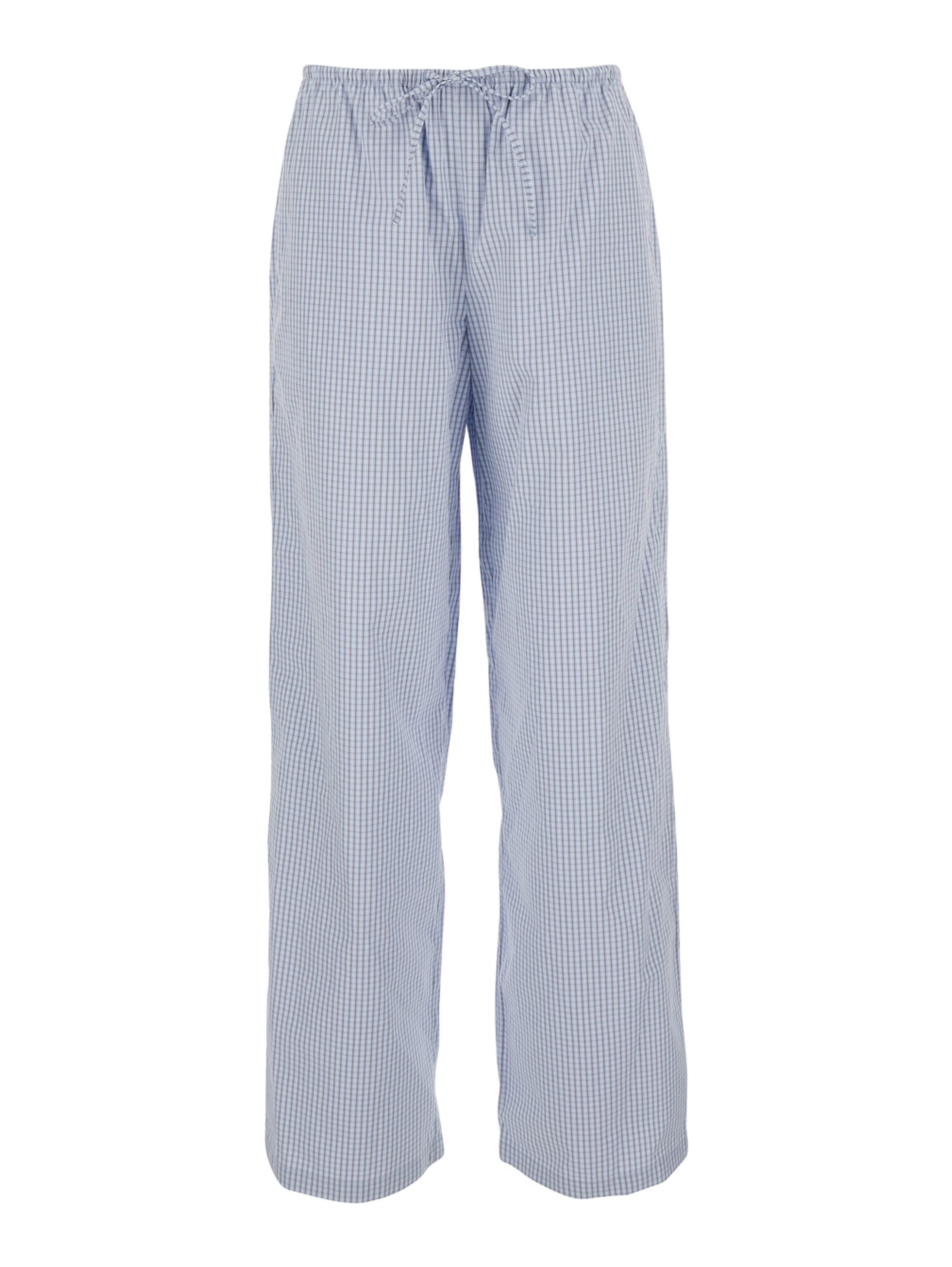 Light blue Pants with elastic waistband and drawstring and all-over check motif in cotton blend for women