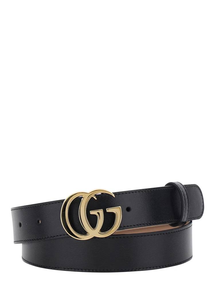 GG Running Black Belt with GG Plate Closure in Leather for Men