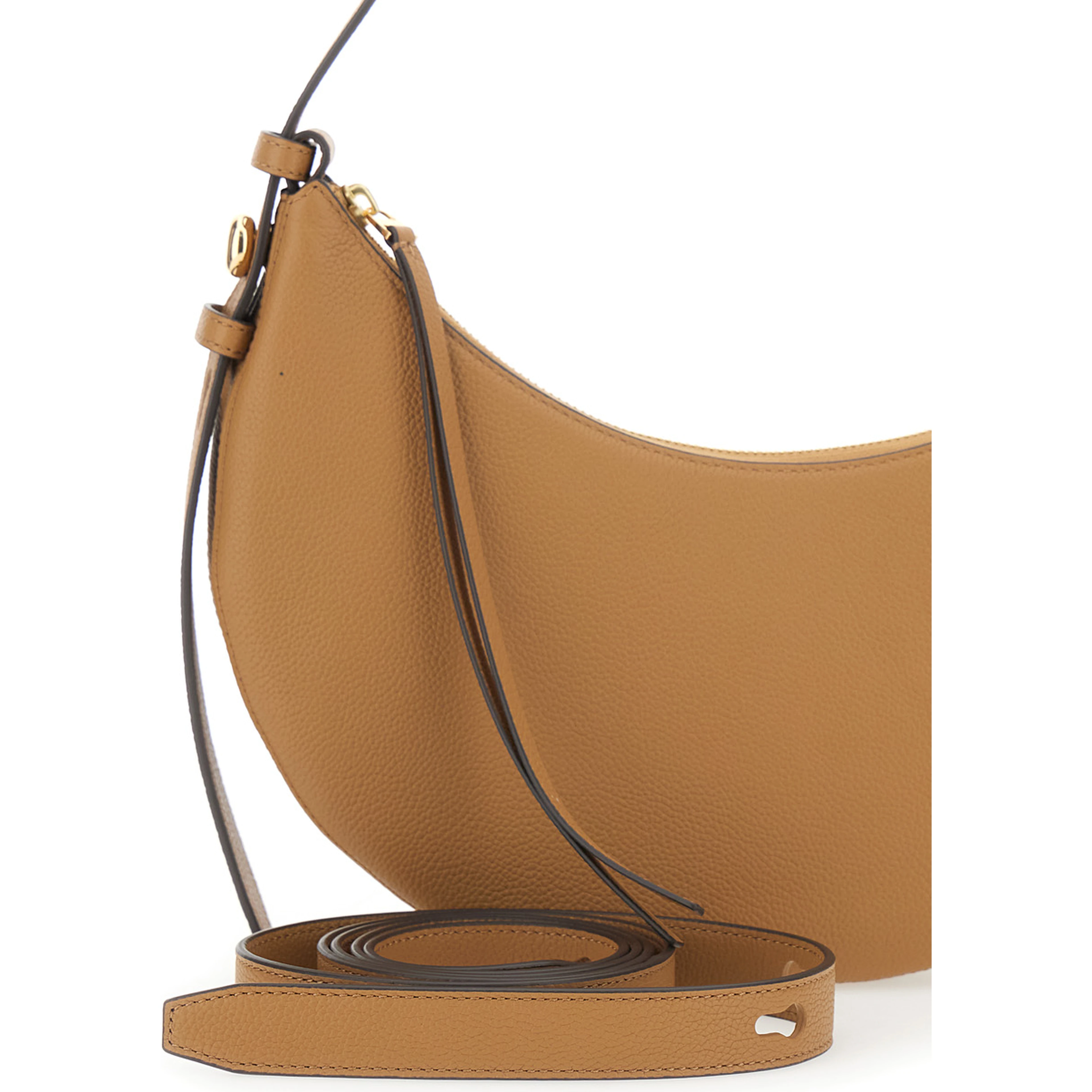 Romy Half Moon Beige Shoulder Bag with Adjustable and Removable Shoulder Strap in Grained Leather Woman