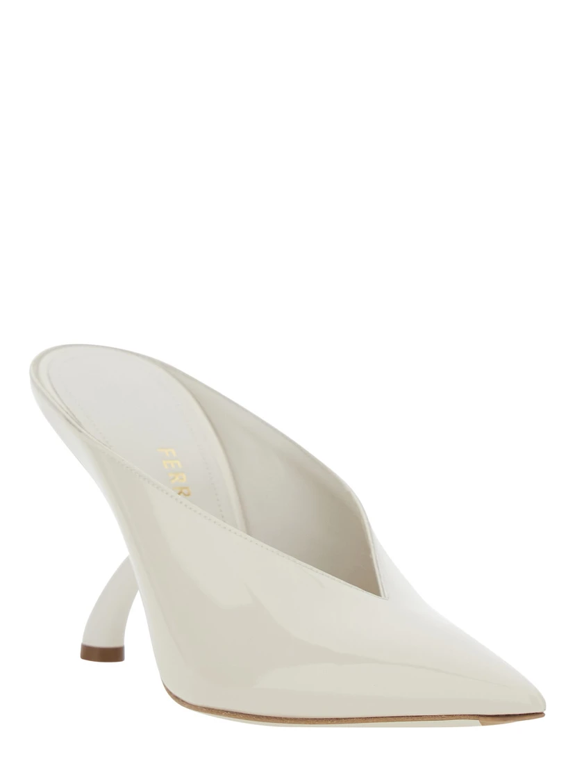 White Mules with Sculptural Heel and V-Neck In Leather for Women