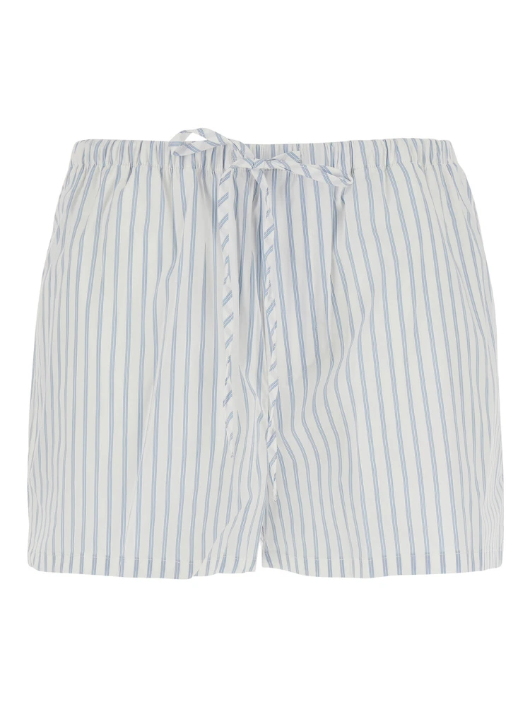 Light blue Shorts with elasticated waist and drawstring and all-over striped print in cotton blend for women