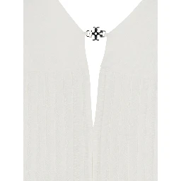 Long Sleeveless Dress with V-Neck and Logo Plate on the Neck in Linen and Silk Blend White Women