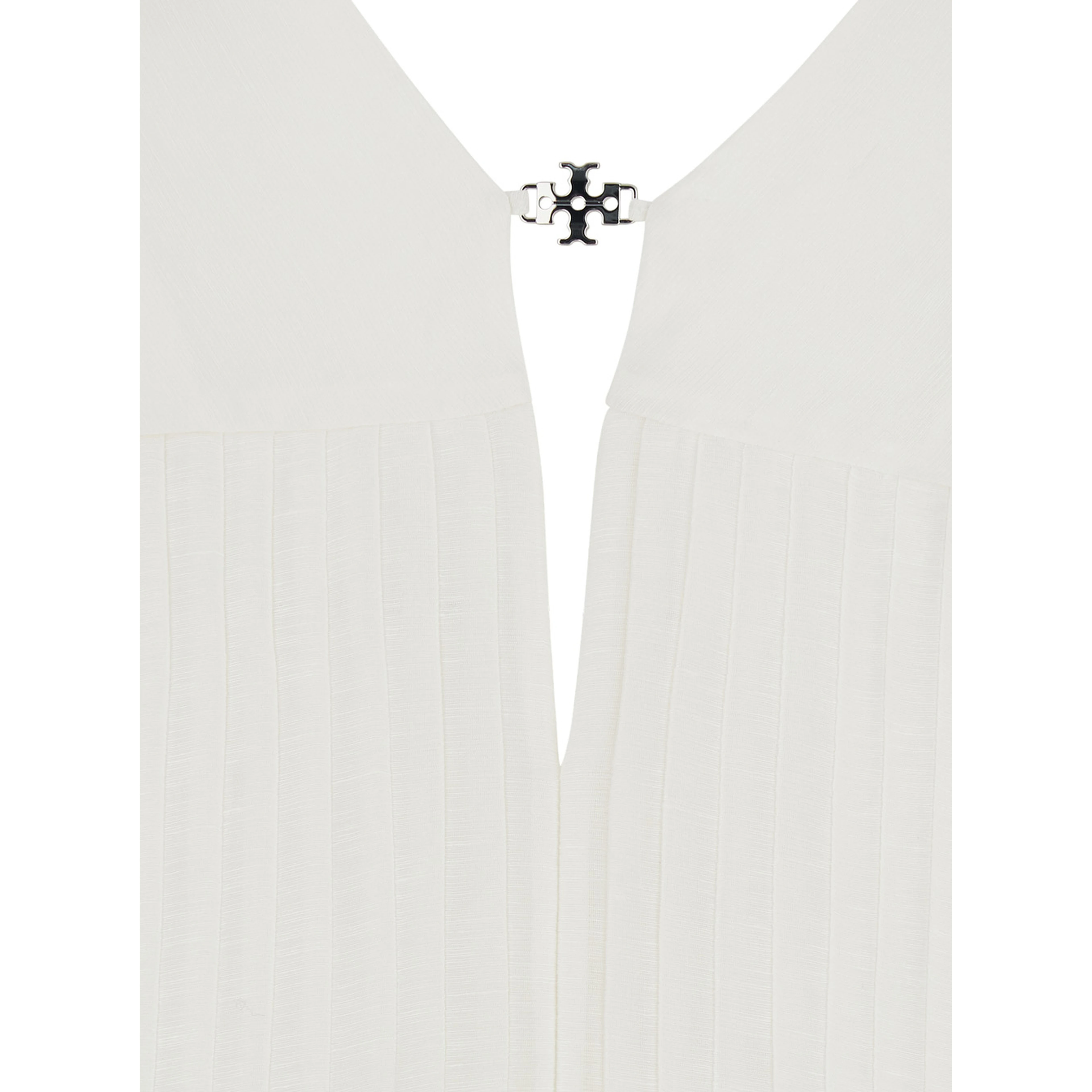 Long Sleeveless Dress with V-Neck and Logo Plate on the Neck in Linen and Silk Blend White Women