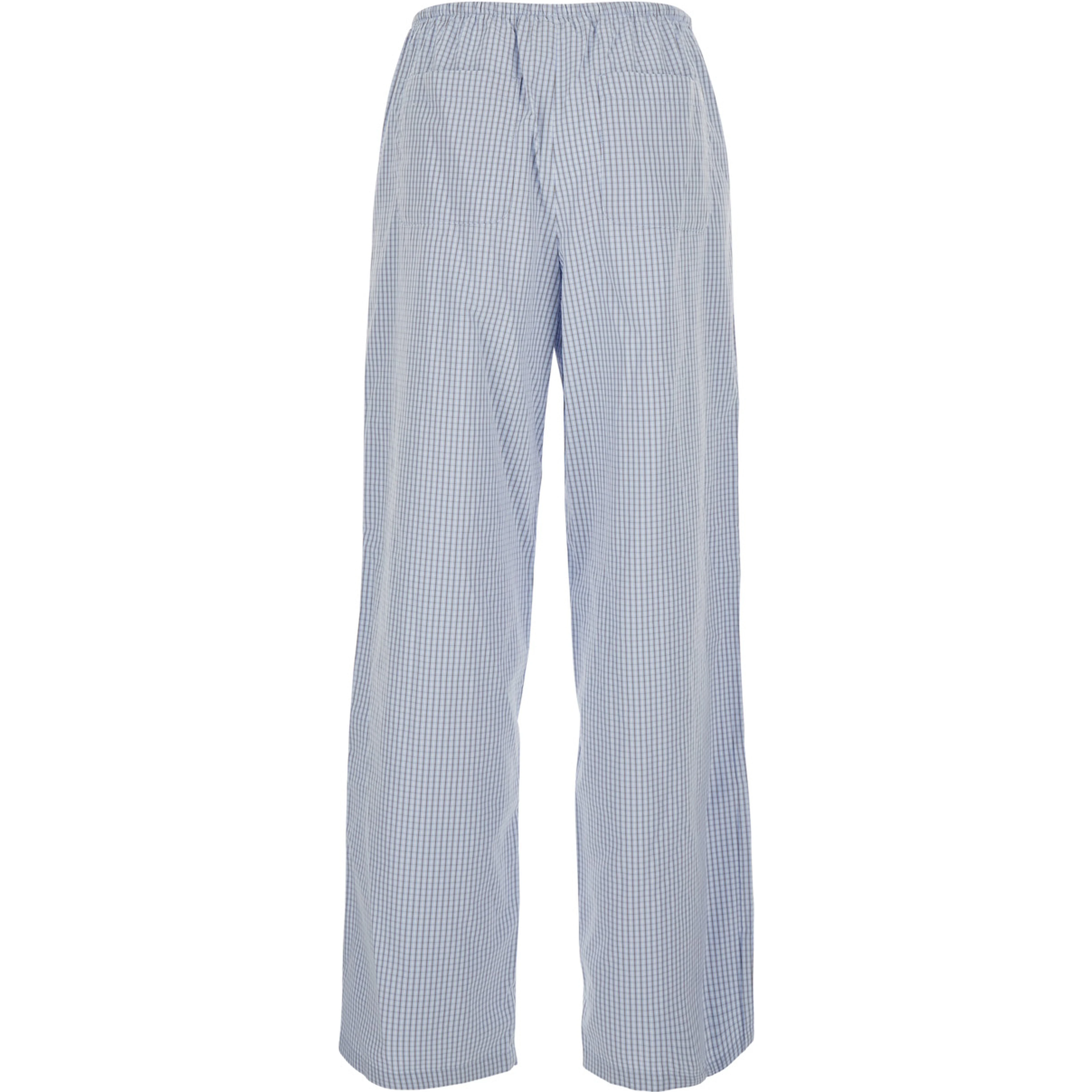 Light blue Pants with elastic waistband and drawstring and all-over check motif in cotton blend for women