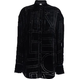 Black Oversized Shirt with Classic Collar and All-Over Logo Monogram in Velvet for Women