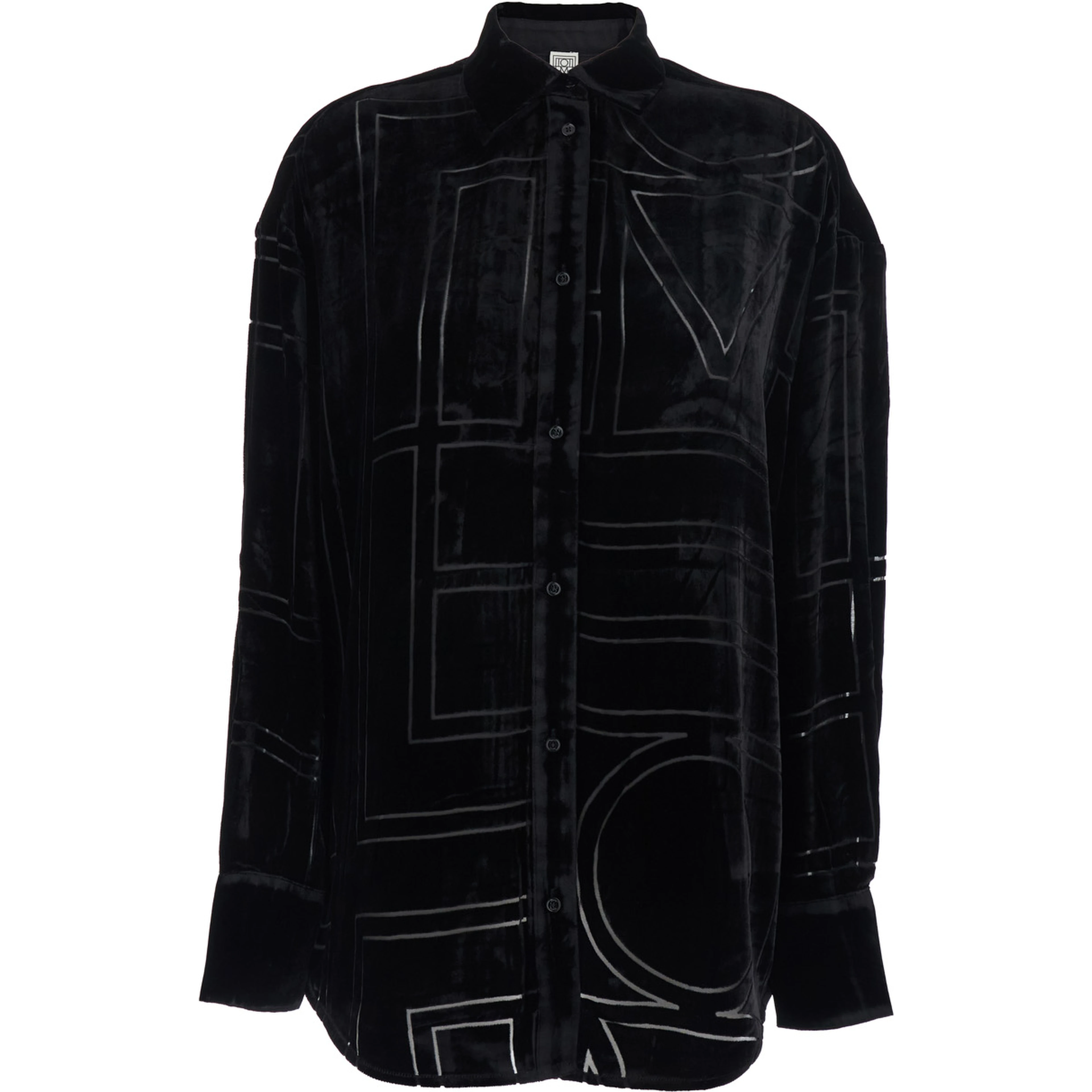 Black Oversized Shirt with Classic Collar and All-Over Logo Monogram in Velvet for Women