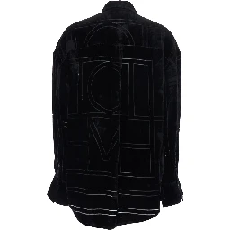 Black Oversized Shirt with Classic Collar and All-Over Logo Monogram in Velvet for Women