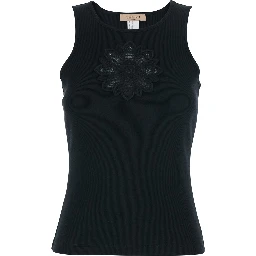 Sleeveless Top with Tone-on-Tone Floral Embroidery on the Front in Black Cotton for Women
