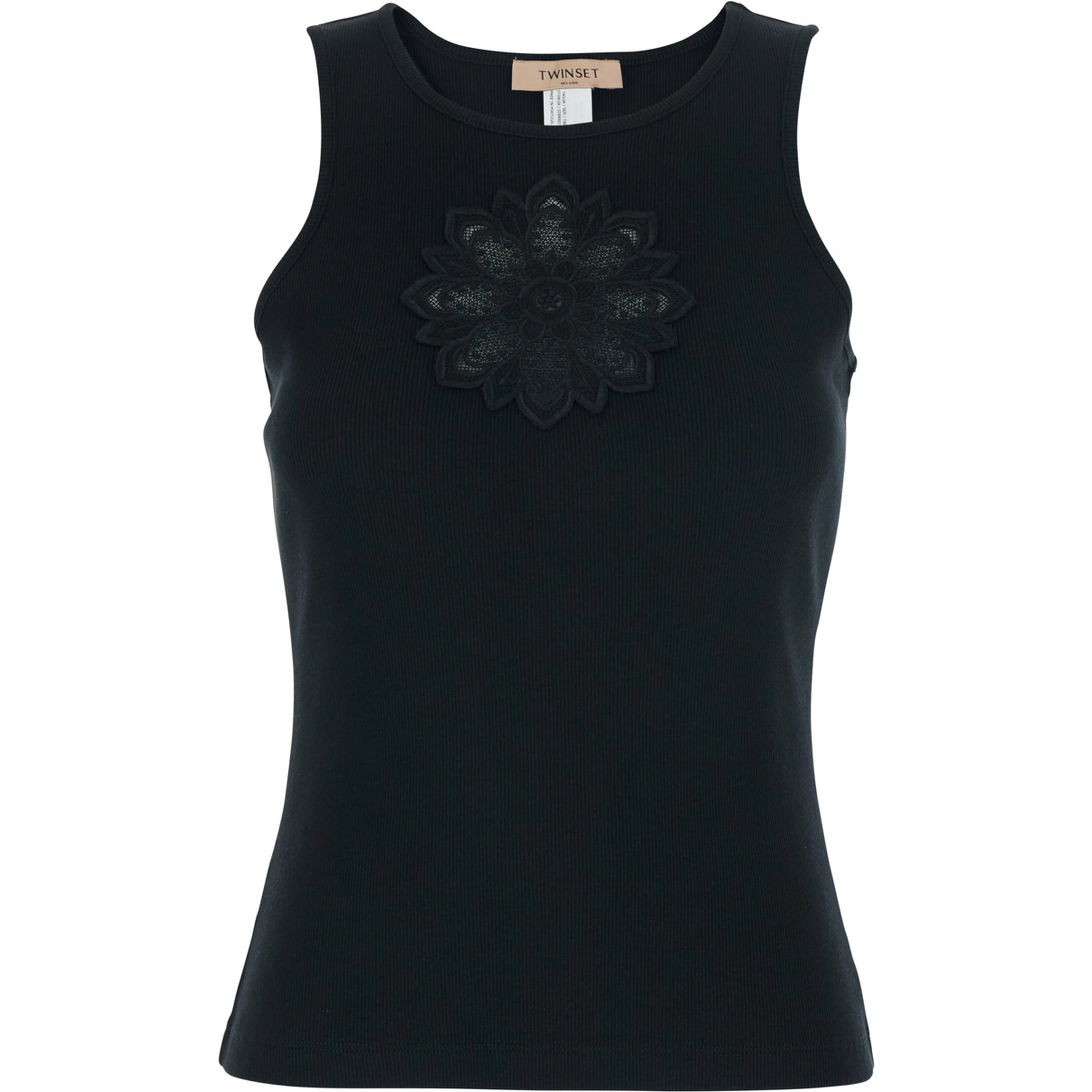 Sleeveless Top with Tone-on-Tone Floral Embroidery on the Front in Black Cotton for Women