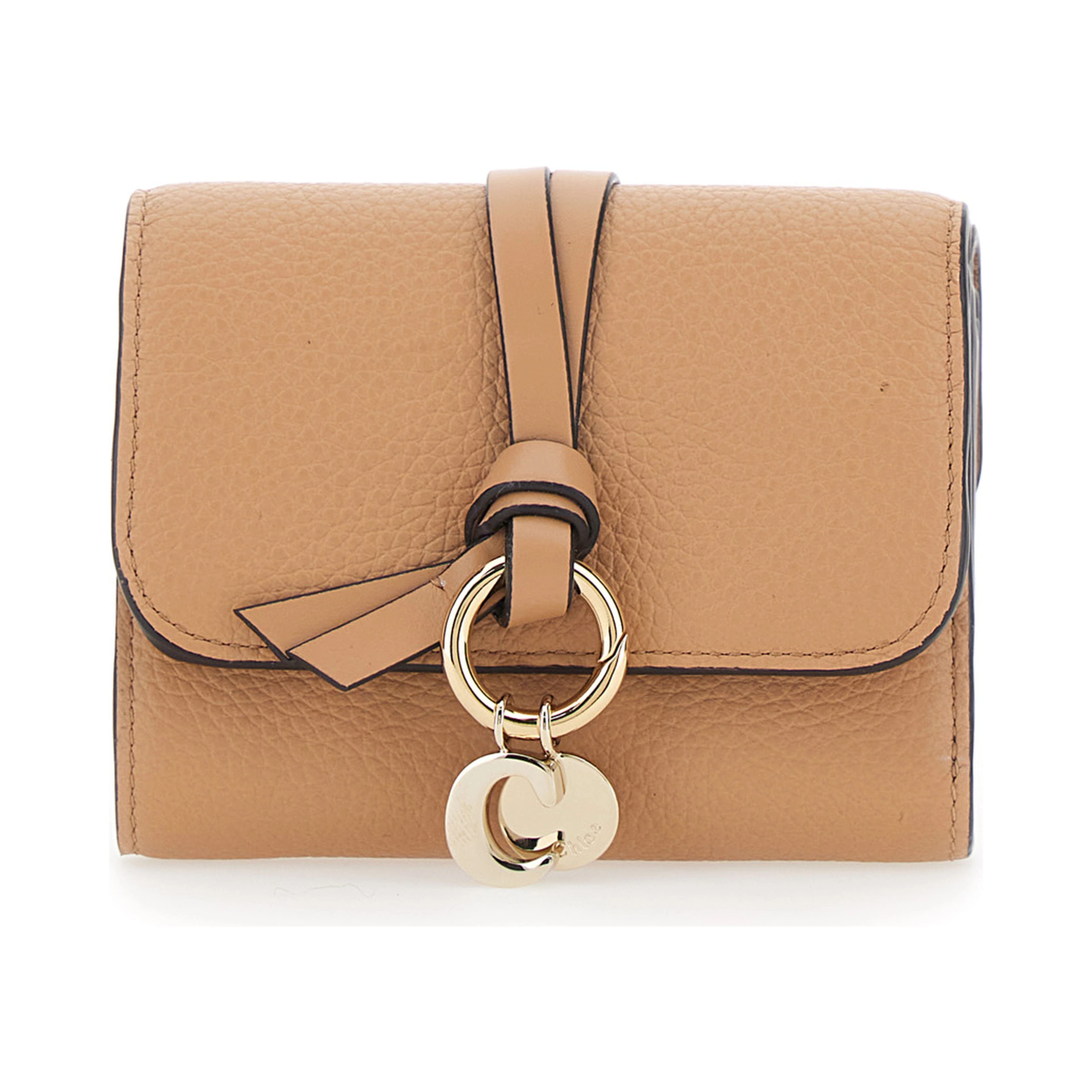 Small Tri-Fold Wallet with Charm on the Front and Magnetic Closure in Beige Leather for Women