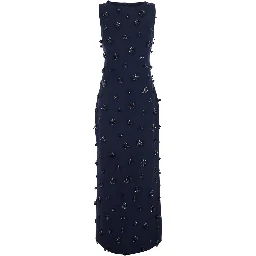 Claudia Blue Sleeveless Long Dress with All-Over Applique Embellishments in Tech Fabric for Women