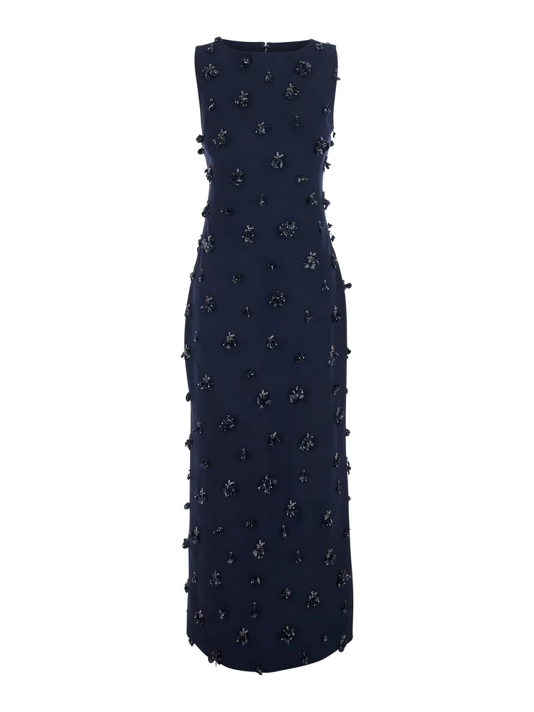Claudia Blue Sleeveless Long Dress with All-Over Applique Embellishments in Tech Fabric for Women