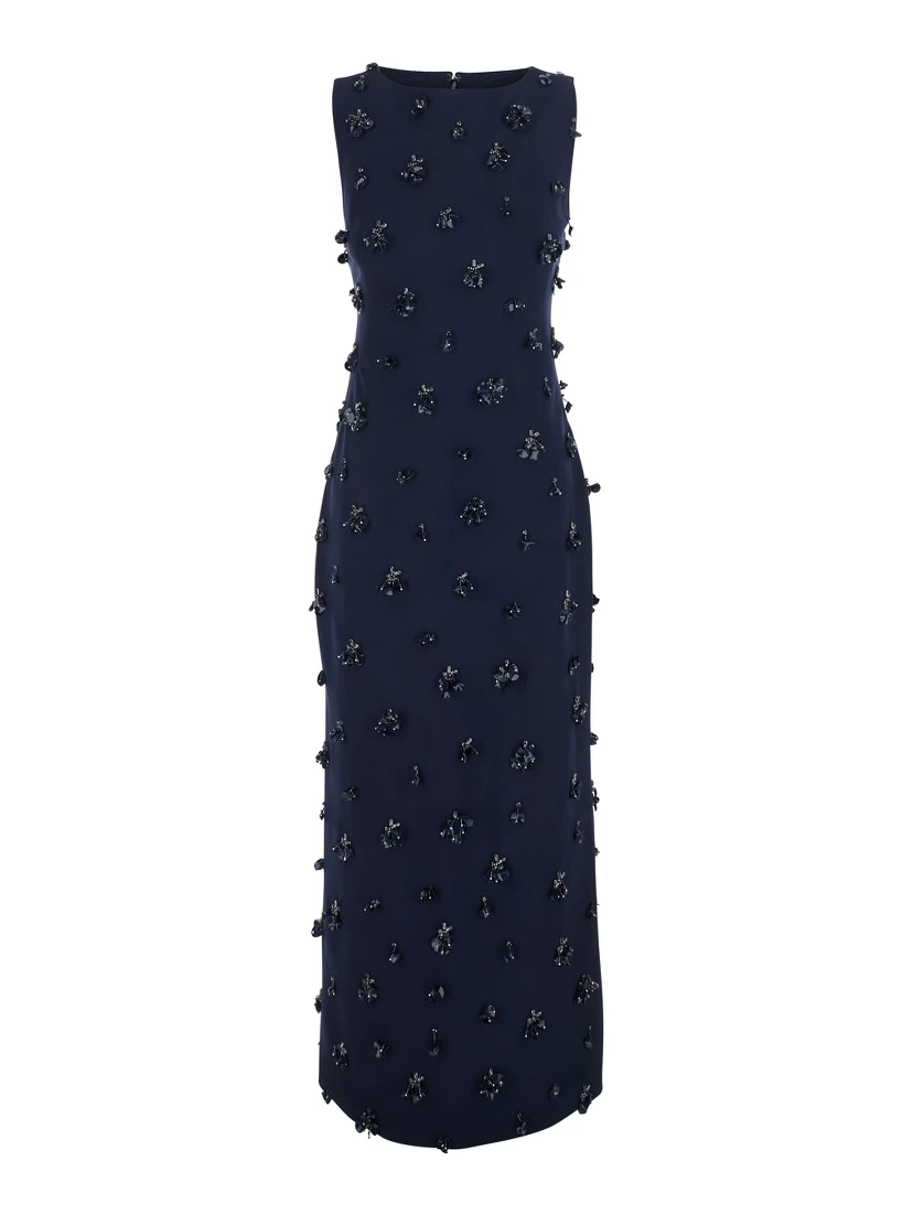 Claudia Blue Sleeveless Long Dress with All-Over Applique Embellishments in Tech Fabric for Women