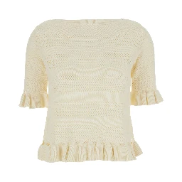 Sweater with Ruffles and Perforated Design in Wool Blend White Women
