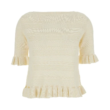 Sweater with Ruffles and Perforated Design in Wool Blend White Women