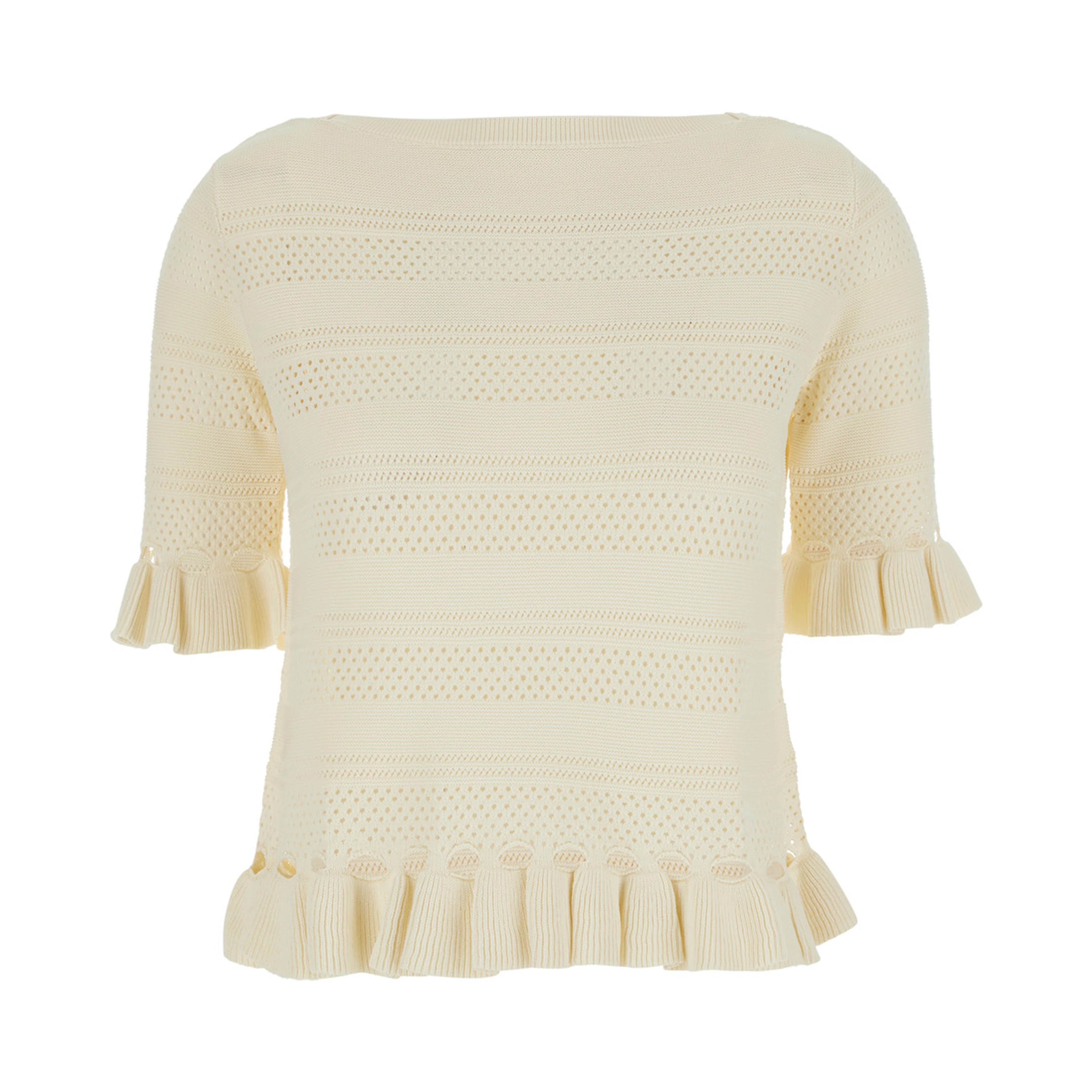 Sweater with Ruffles and Perforated Design in Wool Blend White Women
