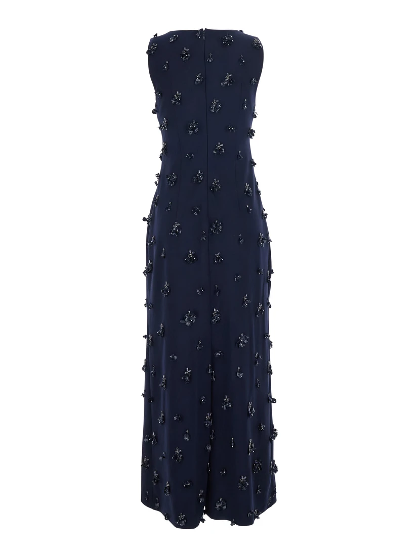 Claudia Blue Sleeveless Long Dress with All-Over Applique Embellishments in Tech Fabric for Women