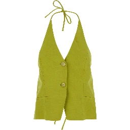 Yellow Vest with V-Neck and Drawstring Closure on Neck and Back in Blend Linen for women