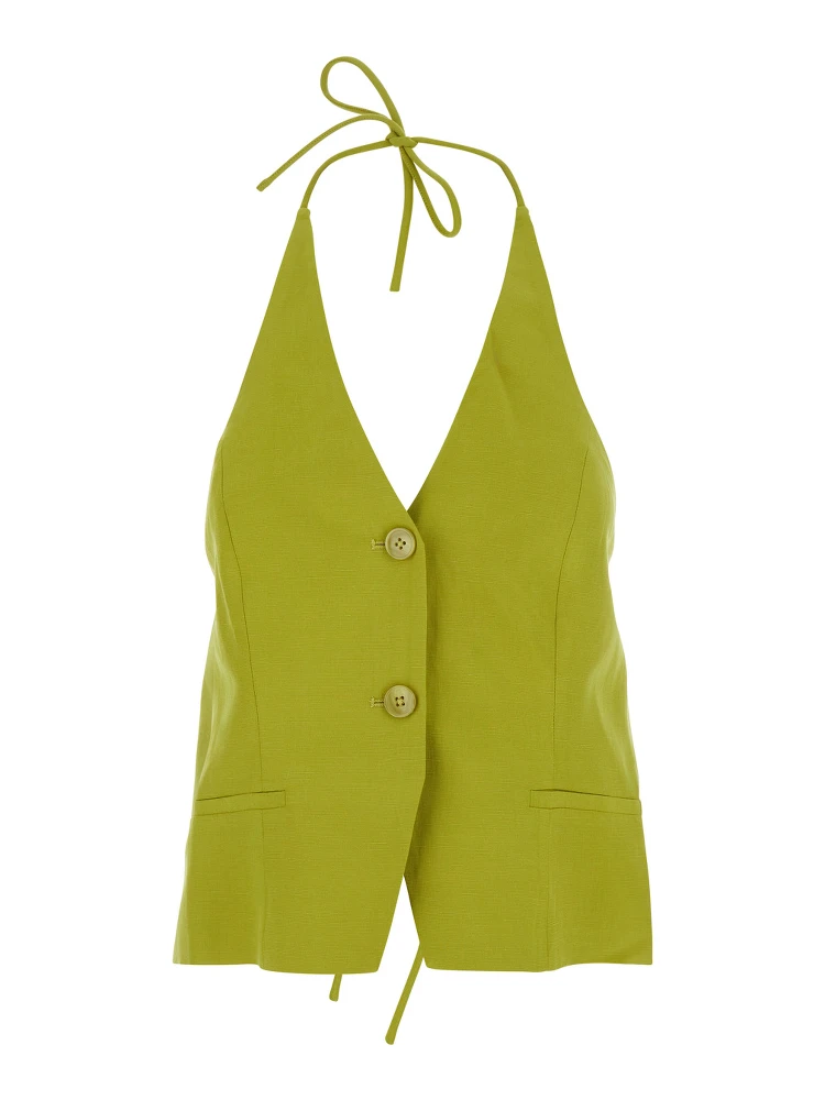 Yellow Vest with V-Neck and Drawstring Closure on Neck and Back in Blend Linen for women