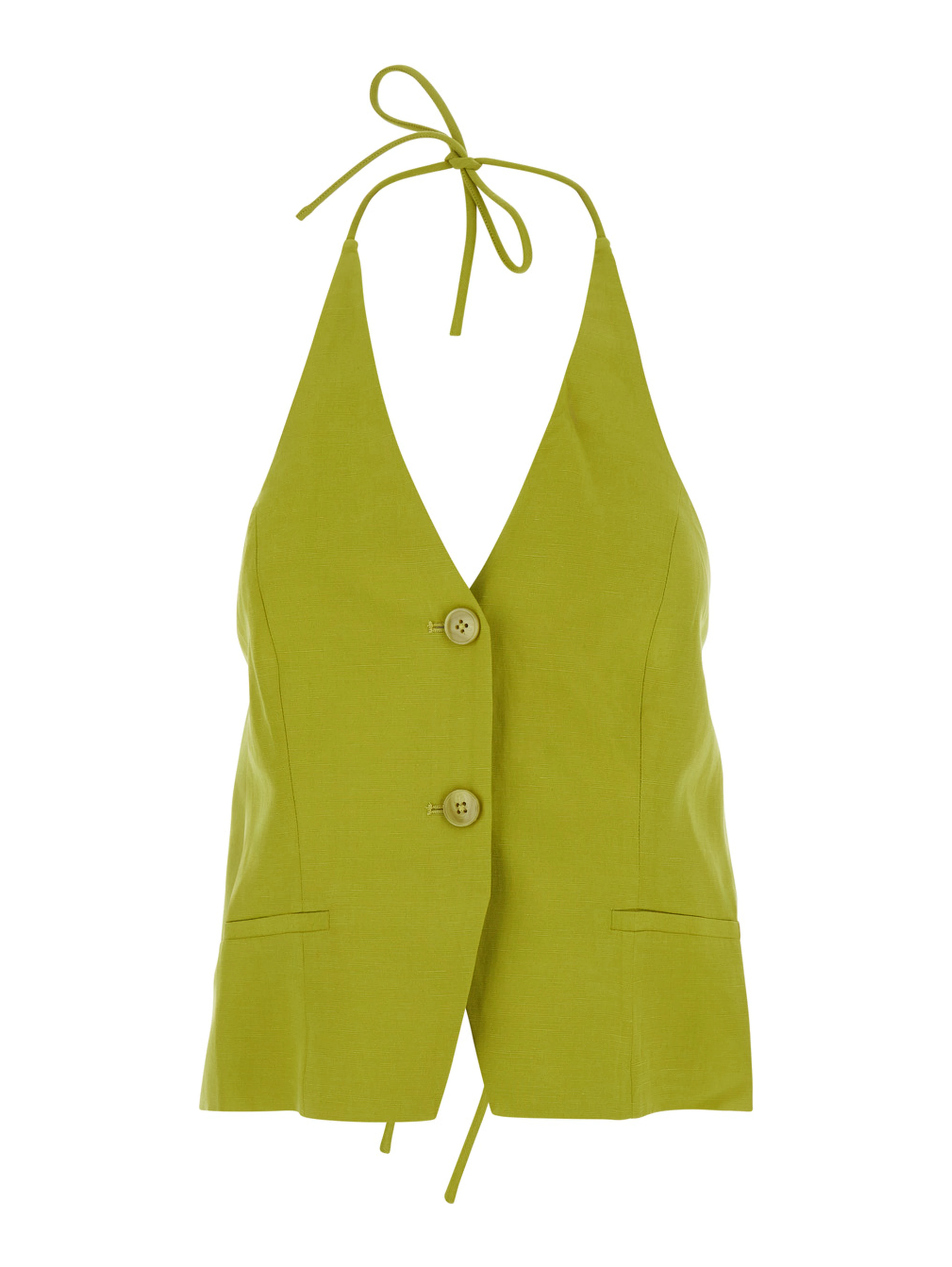 Yellow Vest with V-Neck and Drawstring Closure on Neck and Back in Blend Linen for women