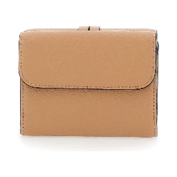 Small Tri-Fold Wallet with Charm on the Front and Magnetic Closure in Beige Leather for Women