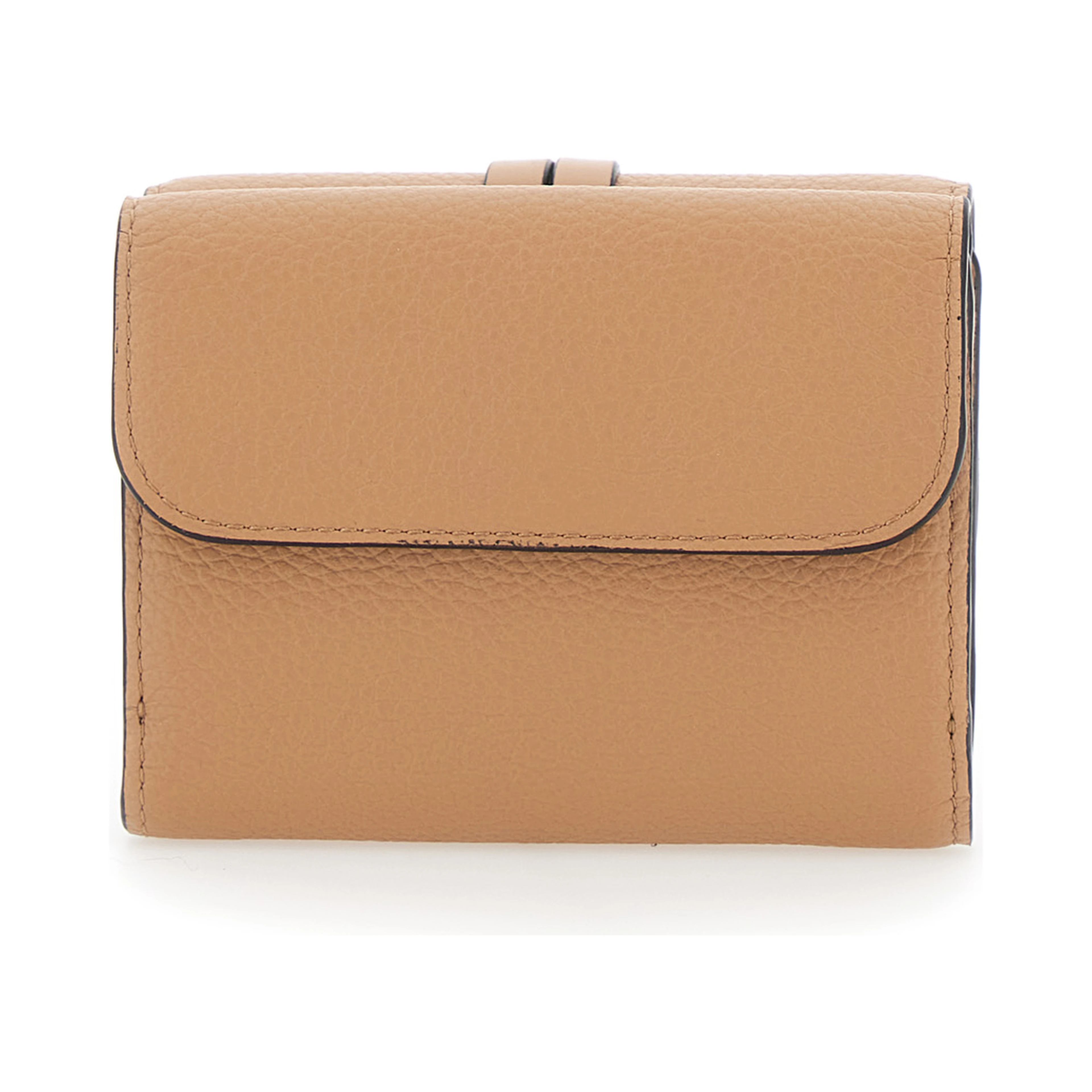 Small Tri-Fold Wallet with Charm on the Front and Magnetic Closure in Beige Leather for Women