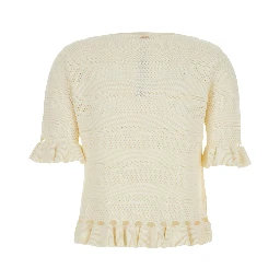 Sweater with Ruffles and Perforated Design in Wool Blend White Women