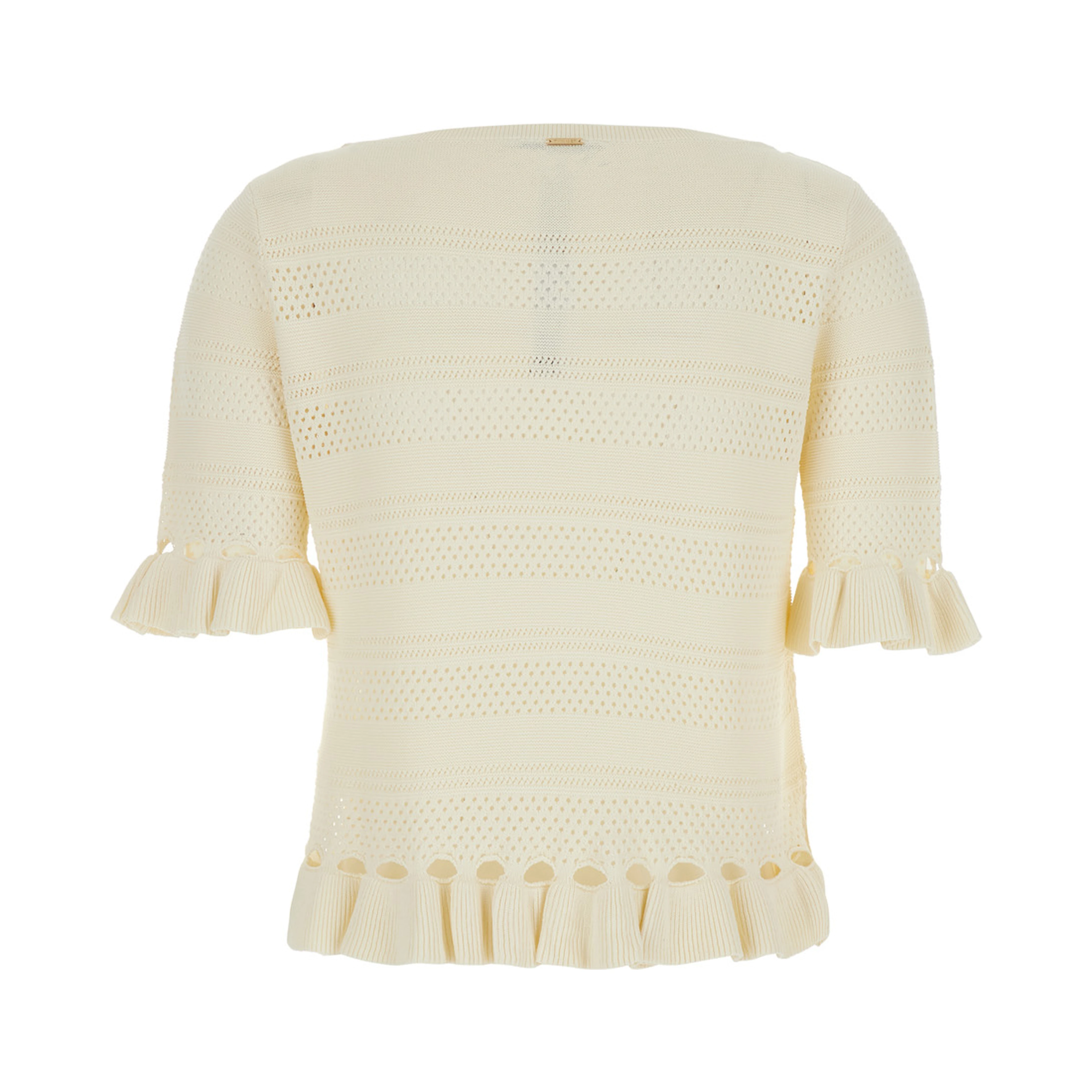 Sweater with Ruffles and Perforated Design in Wool Blend White Women