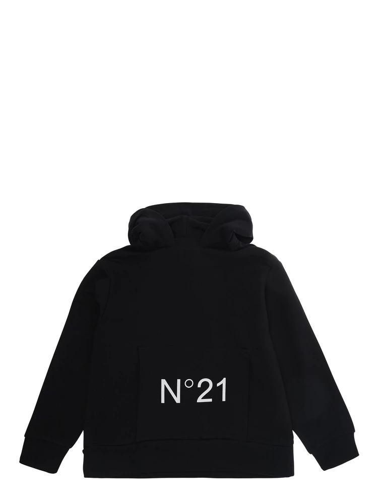 Black Hoodie with fixed hood and maxi logo on the front in cotton boy