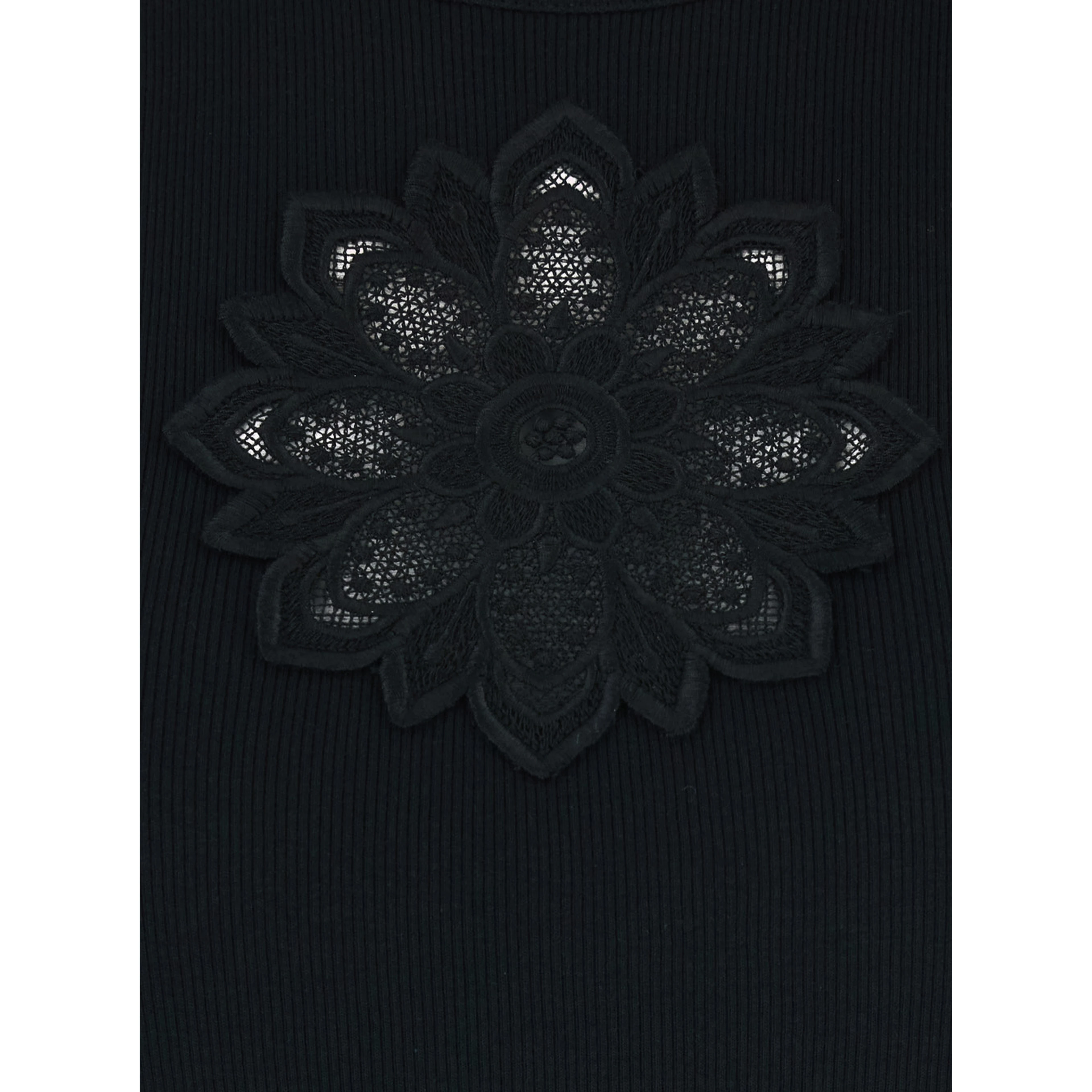 Sleeveless Top with Tone-on-Tone Floral Embroidery on the Front in Black Cotton for Women