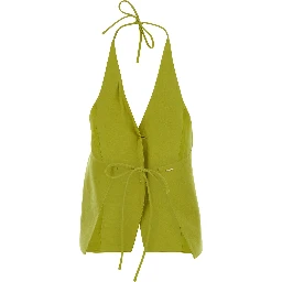 Yellow Vest with V-Neck and Drawstring Closure on Neck and Back in Blend Linen for women