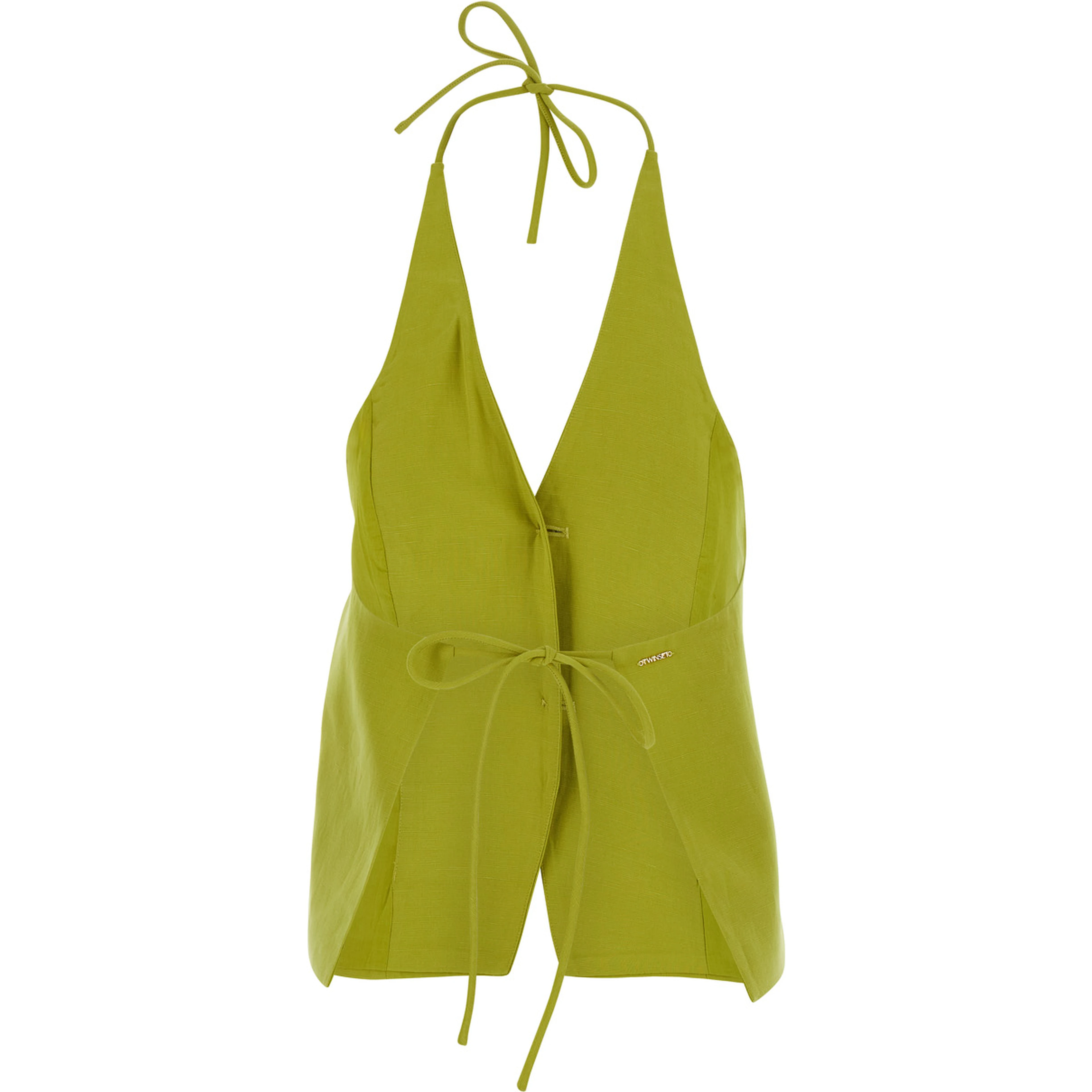 Yellow Vest with V-Neck and Drawstring Closure on Neck and Back in Blend Linen for women