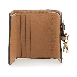 Small Tri-Fold Wallet with Charm on the Front and Magnetic Closure in Beige Leather for Women