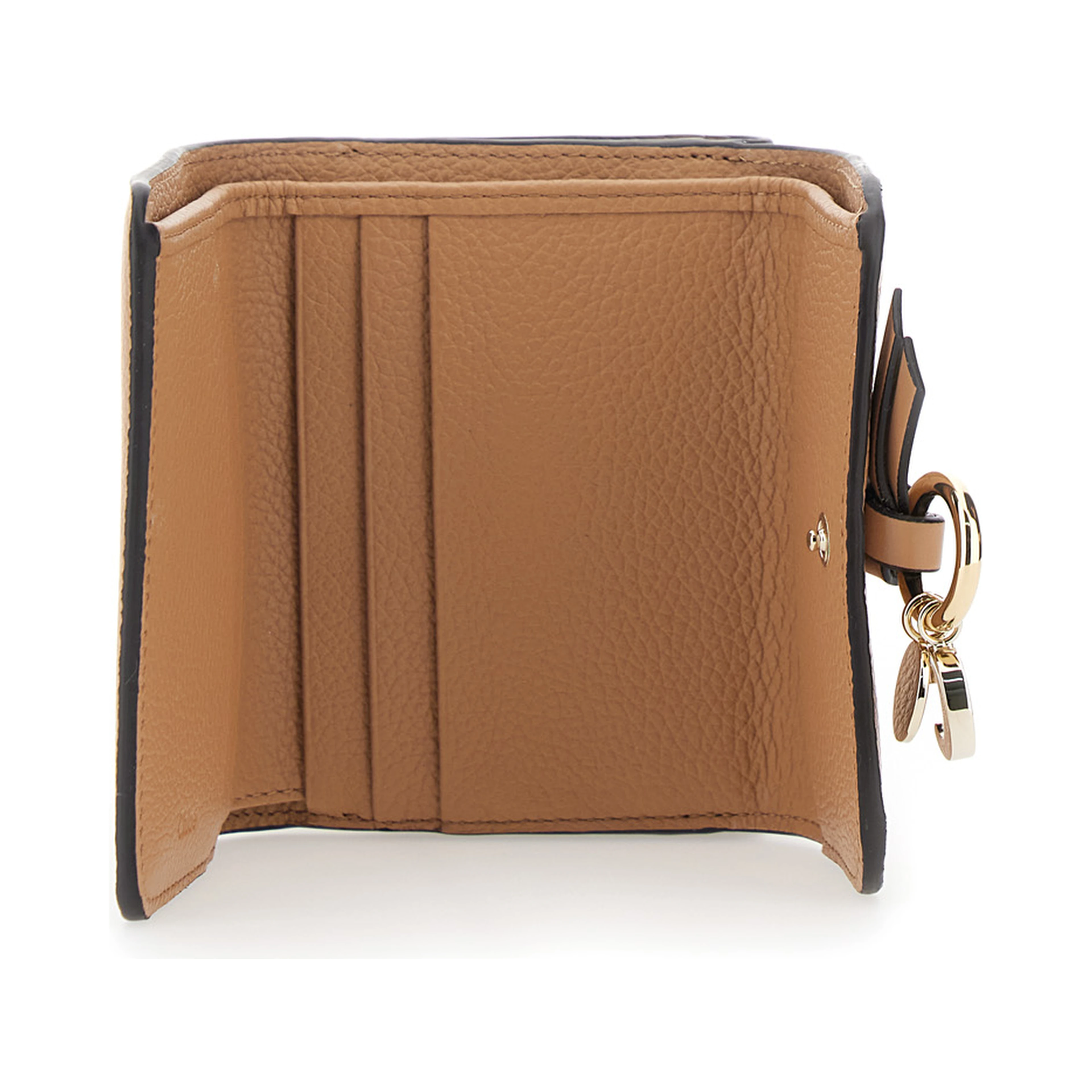 Small Tri-Fold Wallet with Charm on the Front and Magnetic Closure in Beige Leather for Women