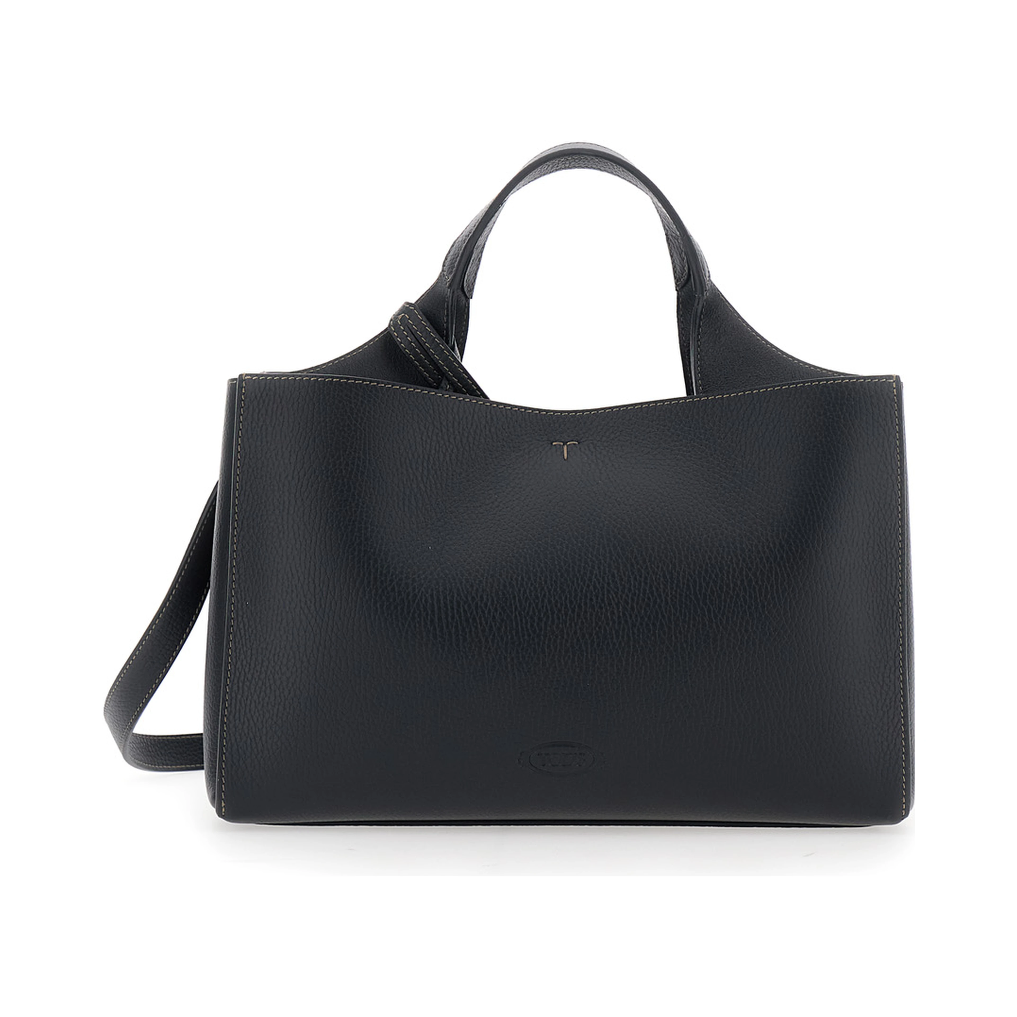 Black Handbag with T Plate on the Front and Adjustable Strap in Leather for Women