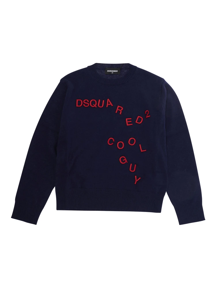 Blue Crewneck Sweater with Logo Lettering on the Front in Wool Boy