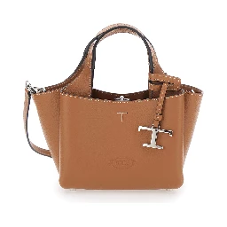 Brown Handbag with adjustable and removable shoulder strap and T plaque pendant on the front in grained leather for women